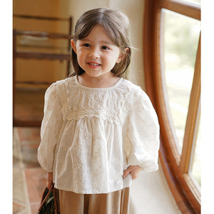 韩式女童蕾丝花边衬衫224春装新款儿童装法式提花娃娃衫上衣跨境