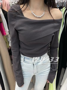 WU.33春季韩系气质网红性感露肩一字斜领锁骨打底衫紧身T恤上衣女