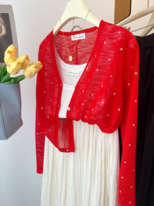 法式红色波点防晒针织开衫女夏季薄款吊带外搭披肩冰丝亚麻空调衫