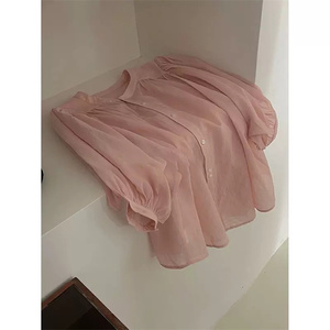 法式甜美减龄粉色亚麻衬衫女夏季设计感宽松遮肉显瘦防晒衬衣上衣