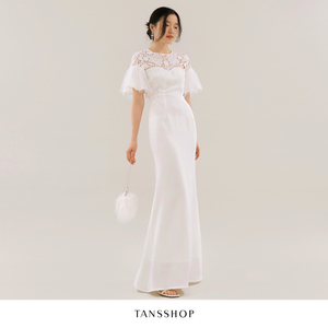 TANSSHOP仙气白色蕾丝拼接长裙 网纱袖子褶皱高腰圆领鱼尾礼服裙