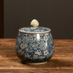汝窑青花陶瓷家用小型中式茶叶密封罐储存罐茶叶罐可养复古存茶罐