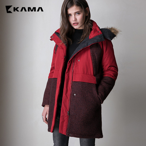 卡玛KAMA 冬装新款军旅女连帽拉链拼接加厚中长棉服