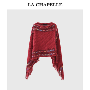 拉夏贝尔/La Chapelle套头菱格斗篷民族风流苏编织针织披肩毛衣女
