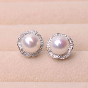 天然淡水珍珠耳钉扁圆 白色珍珠耳环 925银 8-9mm珍珠耳饰品女