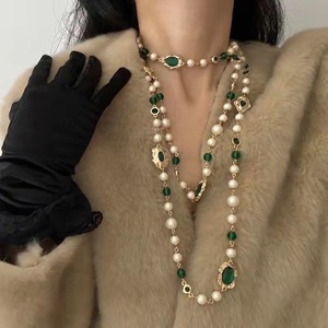 长款项链不掉色女珍珠长款毛衣链市场绿色白打水晶时尚复古