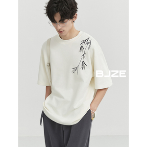 BJZE男装夏季设计感 新中式国风刺绣男短袖T恤宽松韩版圆领体恤衫