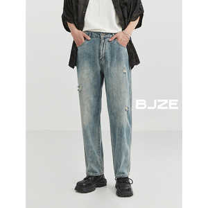 BJZE男装2024夏季薄款定织天丝破洞设计感牛仔裤韩版直筒休闲裤子