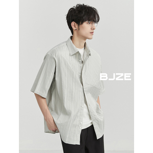 BJZE男装24夏季新款定织条纹高级褶皱肌理感短袖衬衫韩版休闲上衣