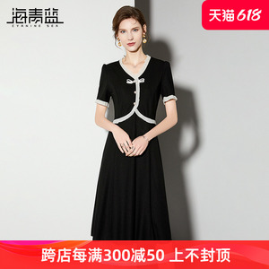 海青蓝新中式假两件连衣裙2024夏季新款V领黑色盘扣减龄显瘦裙子