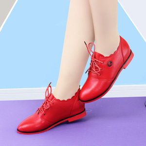 2022春季新款鞋红色女式单鞋平底皮鞋真皮休闲鞋纯皮平跟软皮女鞋