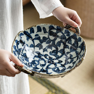 日本制进口手绘章鱼唐草陶瓷手作餐具汤碗菜盘家用复古饭碗盘子碟