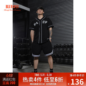 BLUESFLY黑色欧美棒球短袖T恤男宽松休闲运动开衫训练服两件套装