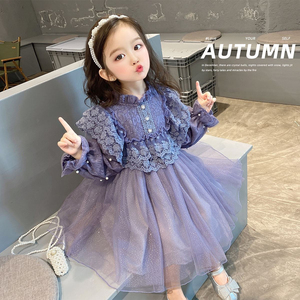 韩国女童春季连衣裙2024新款公主裙女宝宝蕾丝礼服加厚高级感裙子