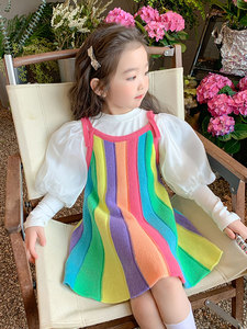 韩国女童多巴胺套装2024新款儿童春秋吊带彩虹连衣裙泡泡袖两件套