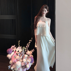 FairyJiang 夏季气质雪纺白色吊带背心套装女百褶半身长裙两件套