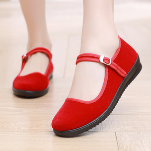 老北京布鞋女鞋黑色酒店工作鞋跳舞鞋妈妈鞋软底防滑红色平底布鞋