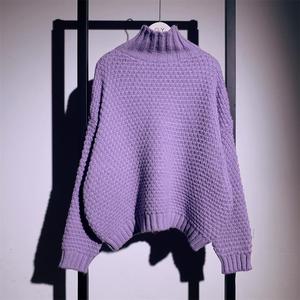 韩国东大门紫色半高领套头毛衣女2023年秋冬季宽松加厚粗线针织衫
