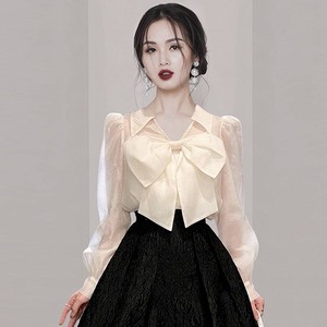 春季新款2024韩版温柔风甜美蝴蝶结衬衫半身裙两件套早秋套装群