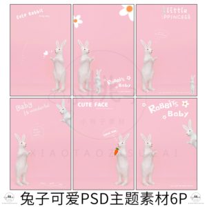 270创意儿童粉色甜美兔子主题手绘拍摄PSD主题相册模板设计素材6P