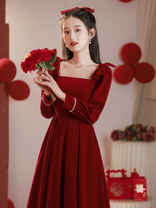 敬酒服女春秋2024新款小个子晚礼服订婚日常可穿高级感红色连衣裙