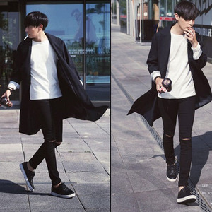 春秋季韩版修身型男装青年青少年大衣薄款外套男士中…颜色:黑色
