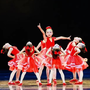 儿童演出服中国芭比戏梦蝶舞蹈女亮片爵士蓬蓬纱裙红色芭蕾舞台服