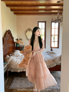 粉色连衣裙吊带裙仙女裙漂亮裙子女夏季新款长裙法式高级感蛋糕裙