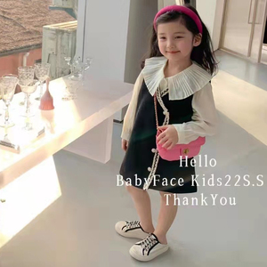 韩版儿童裙子23春季新款女童洋气气质小香风琴褶翻领两件套连衣裙