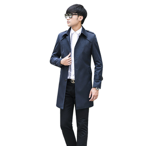 韩版男士春秋装单排扣中长款加大码蓝色品牌大衣修身外套风衣401
