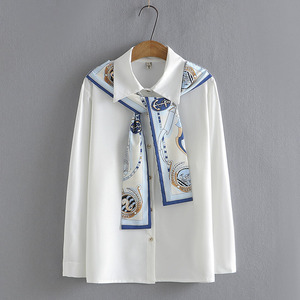 白色衬衫女时尚洋气大码垂感2023年春季胖mm韩版丝带拼接长袖上衣