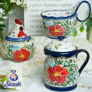 波兰彩手绘高颜值家用陶瓷女生带盖马克杯水杯大容量高端调料罐