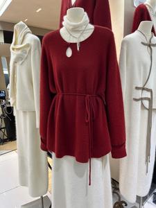 可可.奥利维亚设计感镂空绑带收腰冬款浣熊绒+美丽洛羊毛套头毛衣