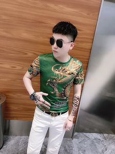 2024夏季新款韩版男士时尚修身短袖冰丝花色半袖中国风龙印花t恤