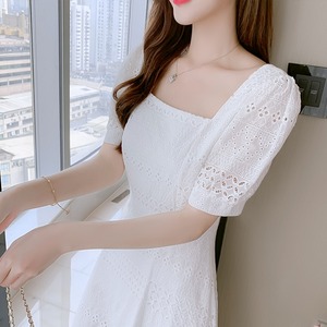 雪纺方领连衣裙子女装夏季2024年新款小个子法式短袖高端气质白色