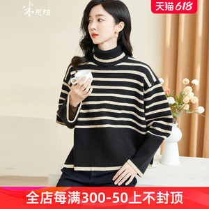 米思阳2023冬季新款时尚条纹撞色高领毛针织衫宽松版女式毛衣3587