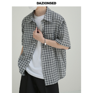 DAZO 韩风ins格子衬衫男少年氛围感夏季薄款衬衣外套宽松休闲