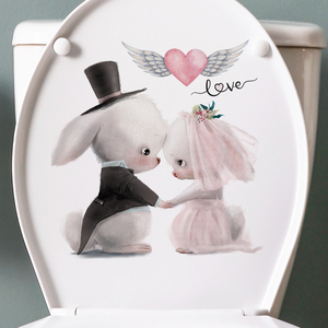 可移除墙壁贴纸卡通兔子情侣爱心翅膀自粘防水厕所马桶贴纸装饰