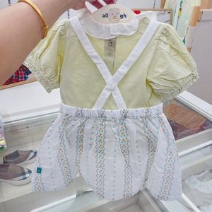 夏新中22女童绿娃娃领短袖2韩国小童T恤复古装宝宝背带裙套装F款