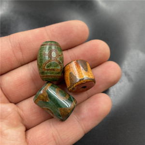 四海玉器 藏式复古天珠玛瑙勒子 绿色财神米珠 虎牙桶珠 三眼玛瑙