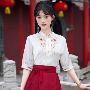 新中式刺绣衬衣配马面裙的衬衫夏季国风女装中袖立领对襟白色上衣