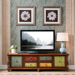 欧式客厅落地液晶电视柜茶几组合美式彩绘复古端景背柜轻奢玄关柜