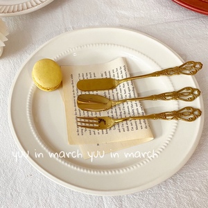 法式复古刀叉勺西餐餐具 韩国ins风浮雕金色牛油刀甜品勺叉子