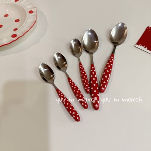 韩式可爱红色波点甜品勺饭勺雪糕勺不锈钢创意勺子家用餐具西餐勺