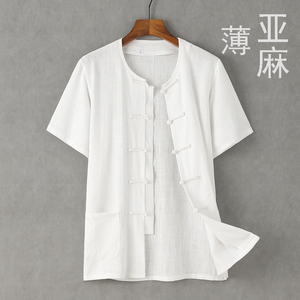 夏季唐装男薄款亚麻短袖衬衫中式盘扣对襟衬衣中国风圆领无领半袖