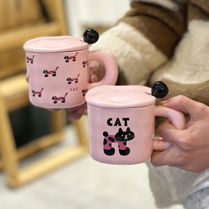 粉色花猫杯女生情侣马克杯办公室喝水杯子咖啡杯伴手礼送礼带盖勺