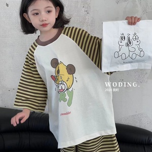 波拉韩国童装2024夏季儿童潮范中大童韩版拼接卡通图案家居服套装