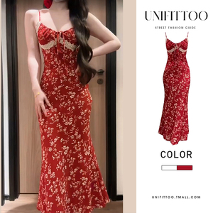 新中式碎花吊带长裙子夏季海边度假小众设计红色法式鱼尾连衣裙女