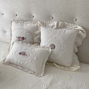 欧式法式小清新米色棉麻抱枕荷叶边刺绣蕾丝边绗缝棉沙发靠垫靠枕