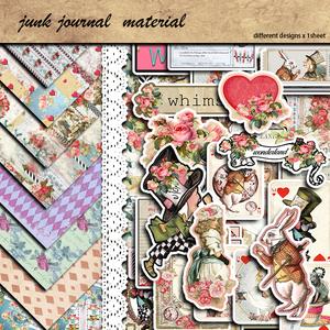 Junk Journal复古爱丽丝茶会8张素材纸+30张贴纸欧美人物菱形图案